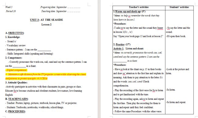 Giáo án tích hợp NLS Tiếng Anh 2 Unit 3: Lesson 2