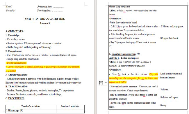 Giáo án tích hợp NLS Tiếng Anh 2 Unit 4: Lesson 3