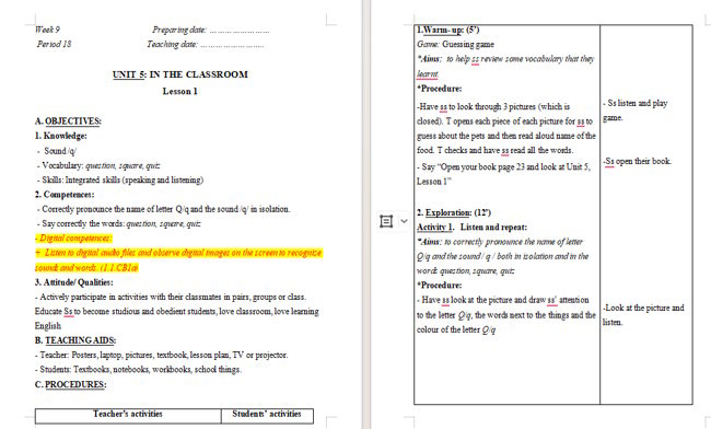 Giáo án tích hợp NLS Tiếng Anh 2 Unit 5: Lesson 1