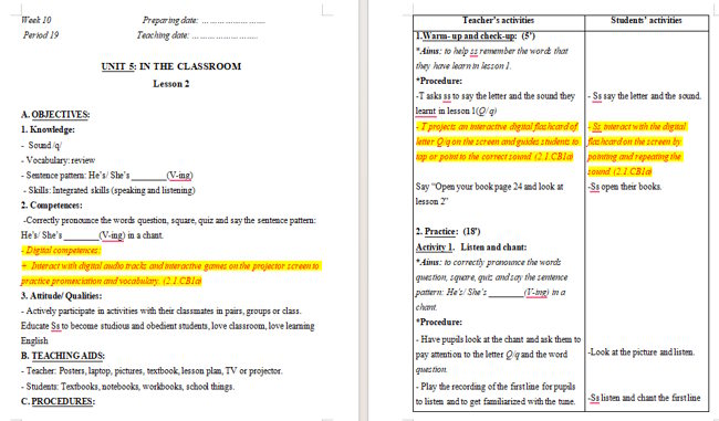Giáo án tích hợp NLS Tiếng Anh 2 Unit 5: Lesson 2