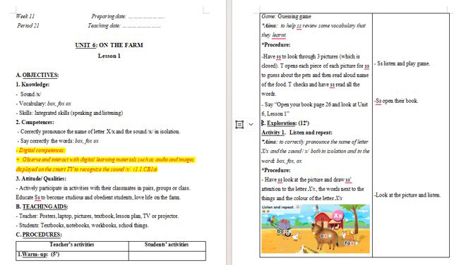 Giáo án tích hợp NLS Tiếng Anh 2 Unit 6: Lesson 1