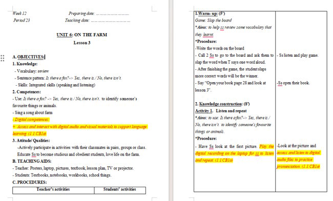 Giáo án tích hợp NLS Tiếng Anh 2 Unit 6: Lesson 3