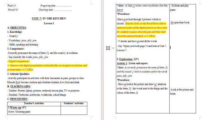 Giáo án tích hợp NLS Tiếng Anh 2 Unit 7: Lesson 1
