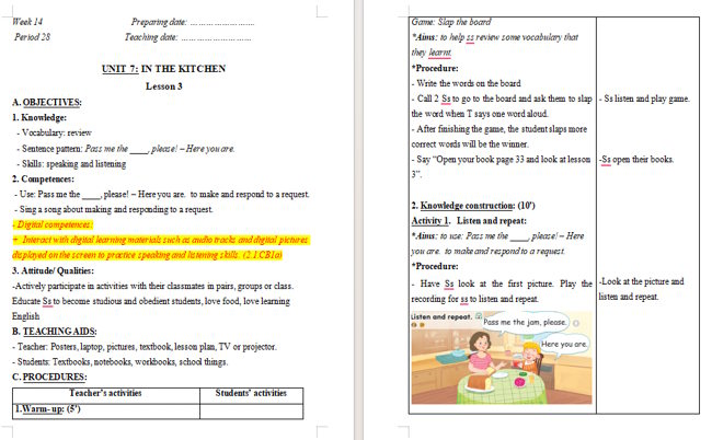 Giáo án tích hợp NLS Tiếng Anh 2 Unit 7: Lesson 3