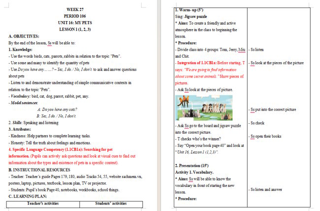Giáo án tích hợp NLS Tiếng Anh 3 Unit 16: Lesson 1