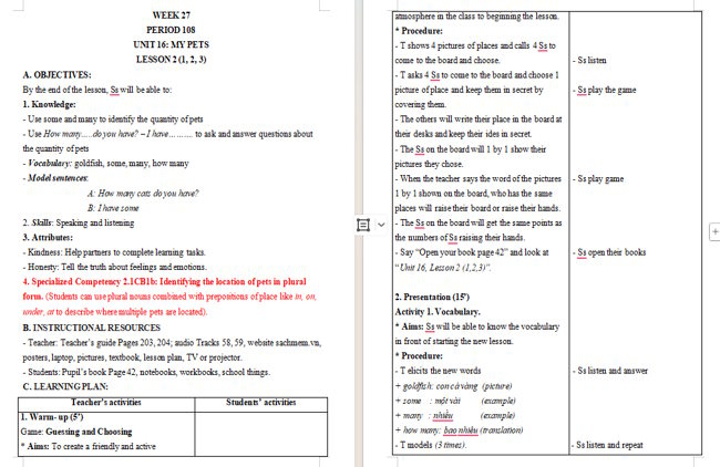 Giáo án tích hợp NLS Tiếng Anh 3 Unit 16: Lesson 2