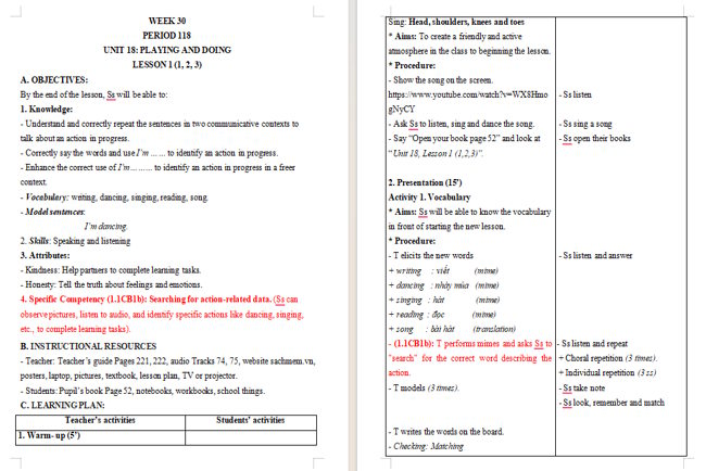 Giáo án tích hợp NLS Tiếng Anh 3 Unit 18: Lesson 1