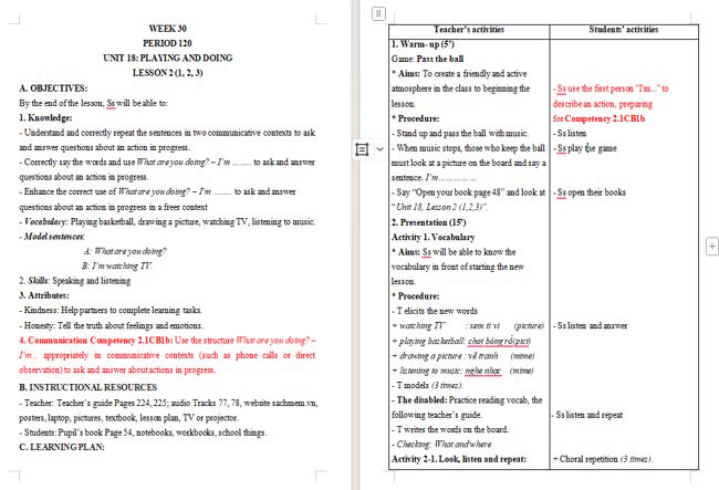 Giáo án tích hợp NLS Tiếng Anh 3 Unit 18: Lesson 2