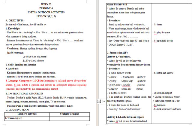 Giáo án tích hợp NLS Tiếng Anh 3 Unit 19: Lesson 2