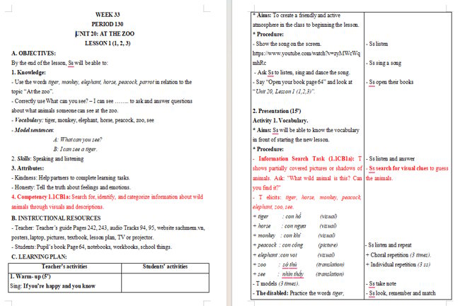 Giáo án tích hợp NLS Tiếng Anh 3 Unit 20: Lesson 1