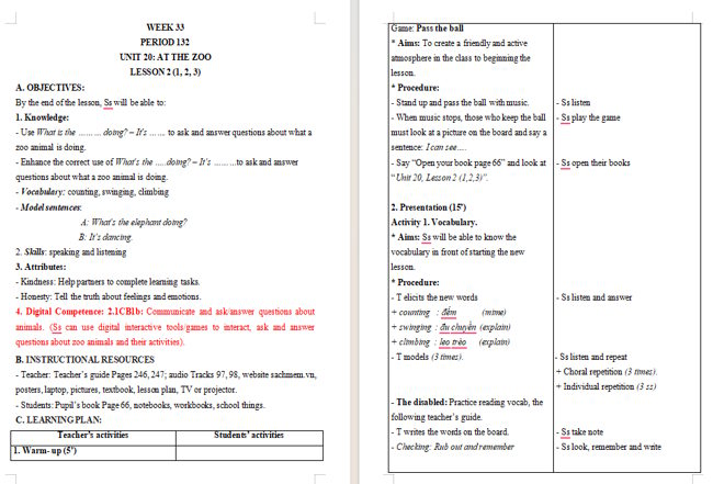 Giáo án tích hợp NLS Tiếng Anh 3 Unit 20: Lesson 2