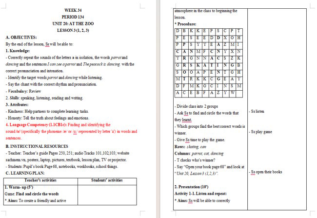 Giáo án tích hợp NLS Tiếng Anh 3 Unit 20: Lesson 3