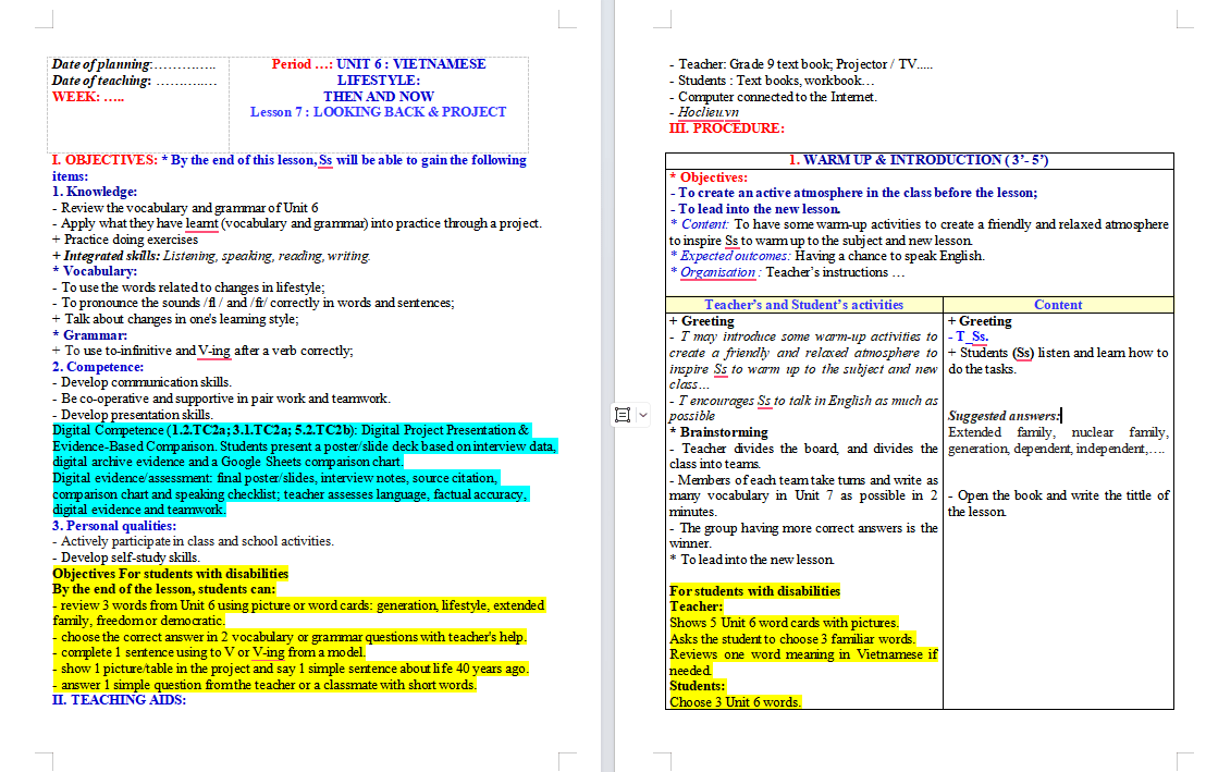 Tiếng Anh 9 Unit 6: Looking Back & Project