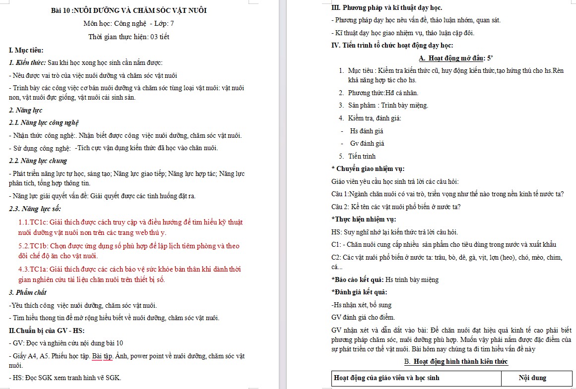 Kế hoạch bài dạy Công nghệ 7 Bài 10 NLS