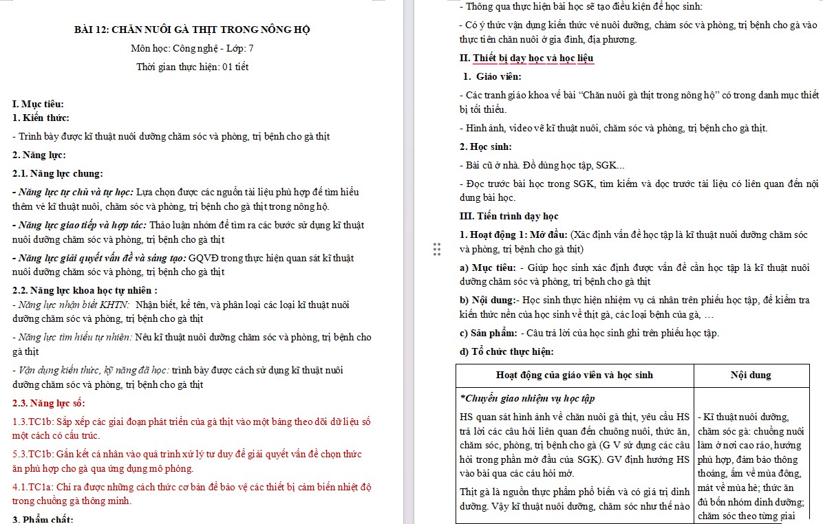 Kế hoạch bài dạy Công nghệ 7 Bài 12 NLS