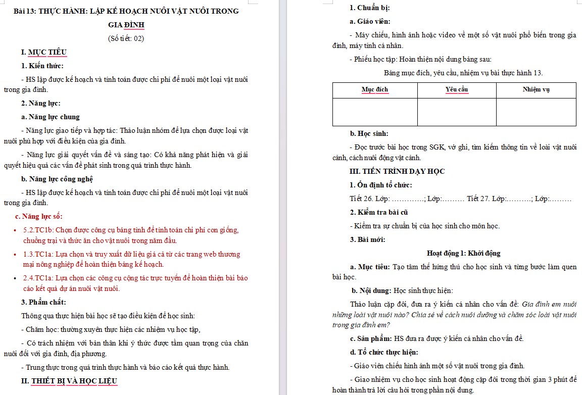 Kế hoạch bài dạy Công nghệ 7 Bài 13 NLS