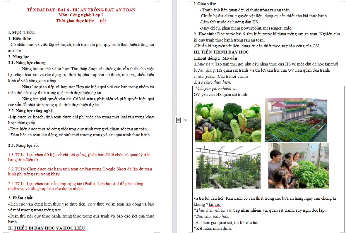 Kế hoạch bài dạy Công nghệ 7 Bài 6 NLS