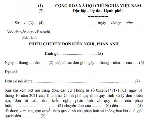 Mẫu phiếu chuyển đơn đề nghị, kiến nghị, phản ánh của Bộ Công an