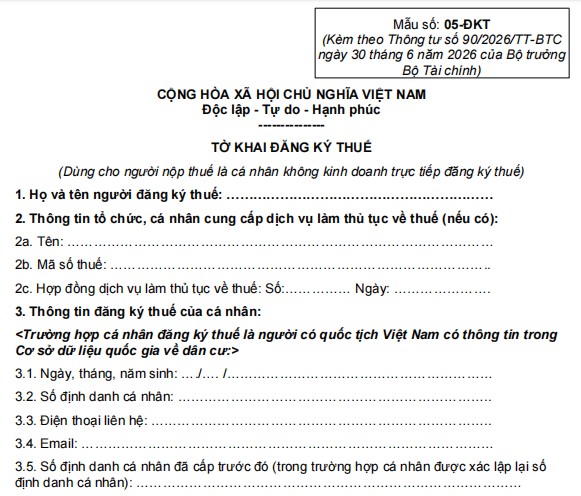 Mẫu 05-ĐK-TCT: Tờ khai đăng ký thuế (Dùng cho cá nhân không kinh doanh)