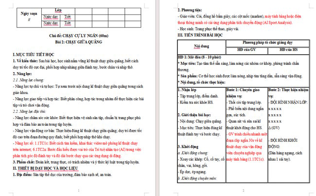 Giáo án tích hợp NLS Giáo dục thể chất 6 Bài 2: Chạy giữa quãng