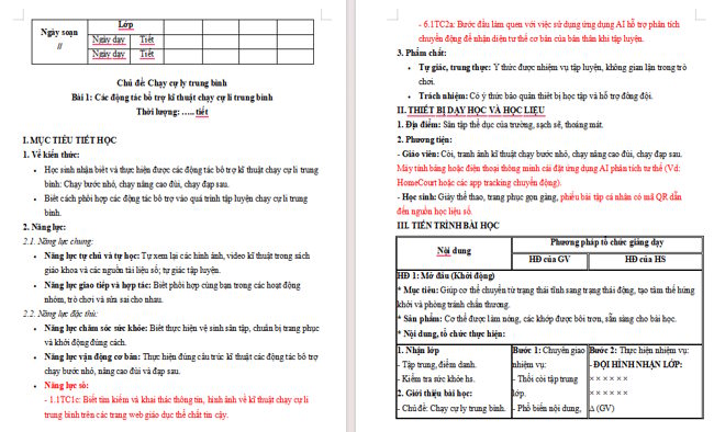 Giáo án tích hợp NLS Giáo dục thể chất 6 Bài 1: Các động tác bổ trợ kĩ thuật chạy cự li trung bình
