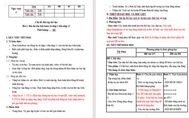 Giáo án tích hợp NLS Giáo dục thể chất 6 Bài 1: Bài thể dục liên hoàn (từ nhịp 1 đến nhịp 11)