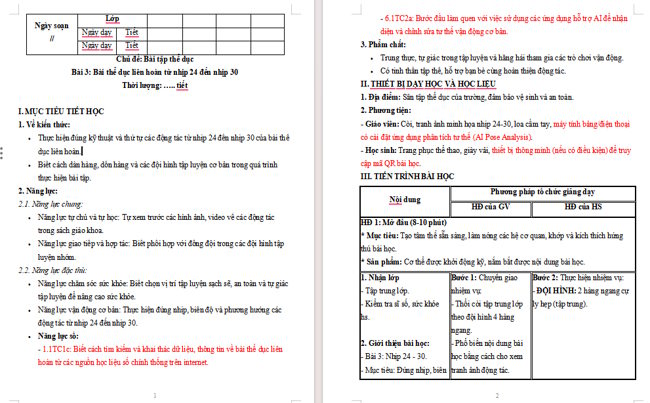 Giáo án tích hợp NLS Giáo dục thể chất 6 Bài 3: Bài thể dục liên hoàn (từ nhịp 24 đến nhịp 30)