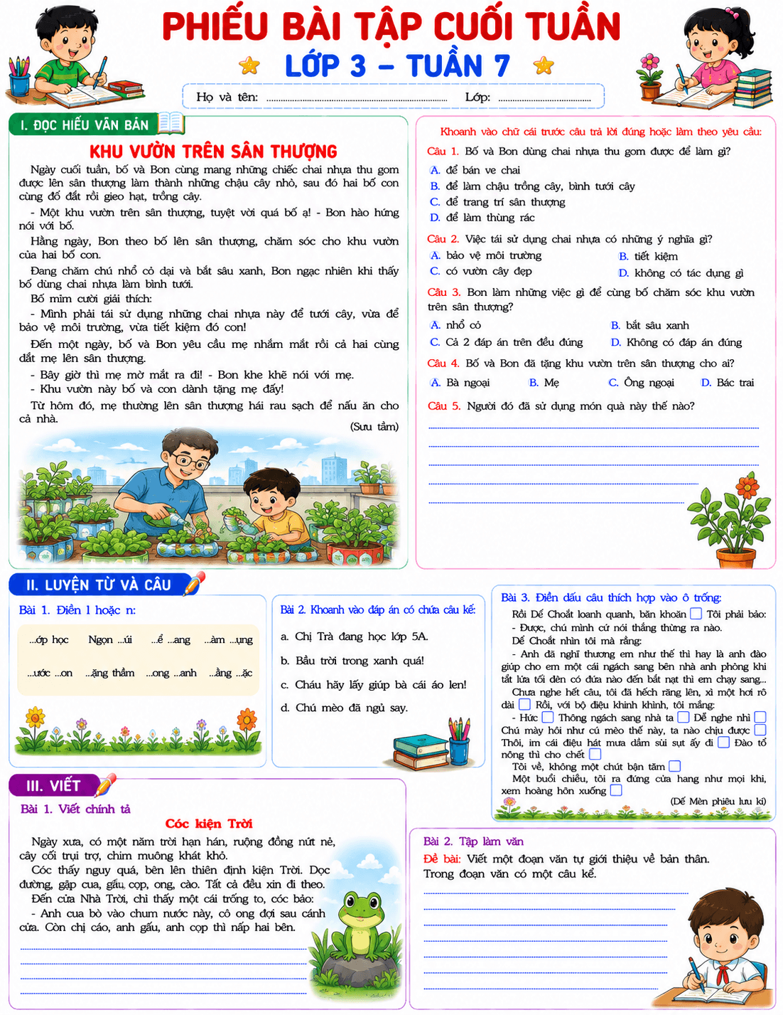 BTCT môn Tiếng Việt 3 sách KNTT Tuần 7 - Bộ số 1
