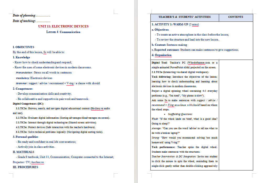 Giáo án tích hợp Năng lực số Tiếng Anh 9 Unit 11: Communication