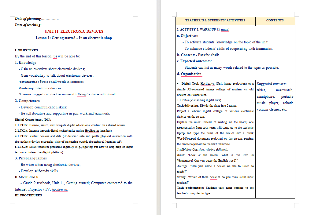 Giáo án tích hợp Năng lực số Tiếng Anh 9 Unit 11: Getting Started