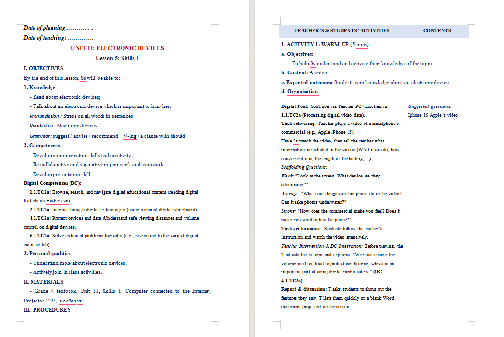 Giáo án tích hợp NLS Tiếng Anh 9 Unit 11 Skills 1