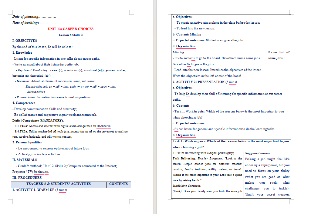 Giáo án tích hợp NLS Tiếng Anh 9 Unit 12 Skills 2