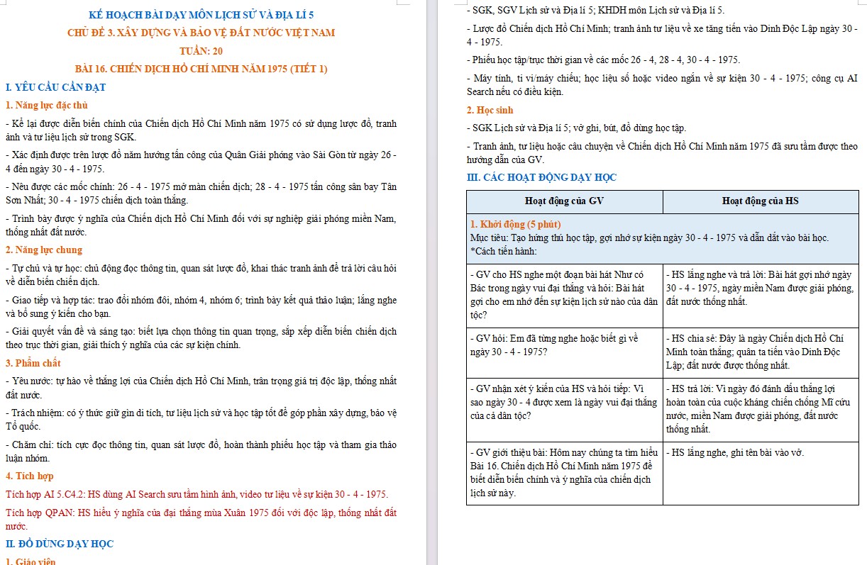Kế hoạch bài dạy Lịch sử Địa lí 5 Bài 16 NLS, AI