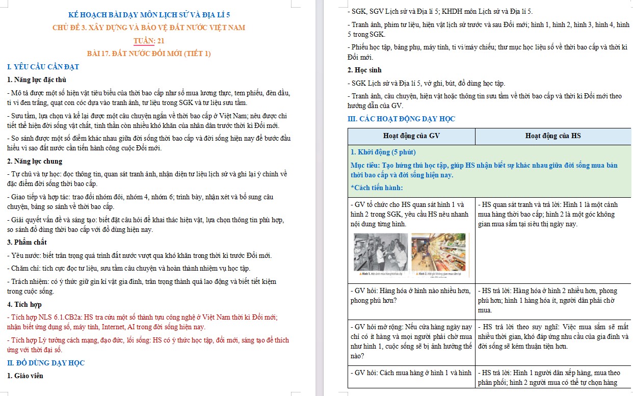 Kế hoạch bài dạy Lịch sử Địa lí 5 Bài 17 NLS, AI