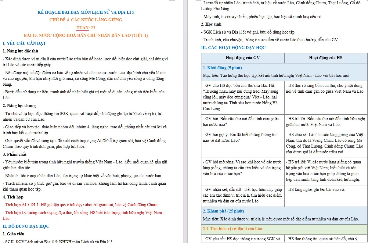 Kế hoạch bài dạy Lịch sử Địa lí 5 Bài 19 NLS, AI