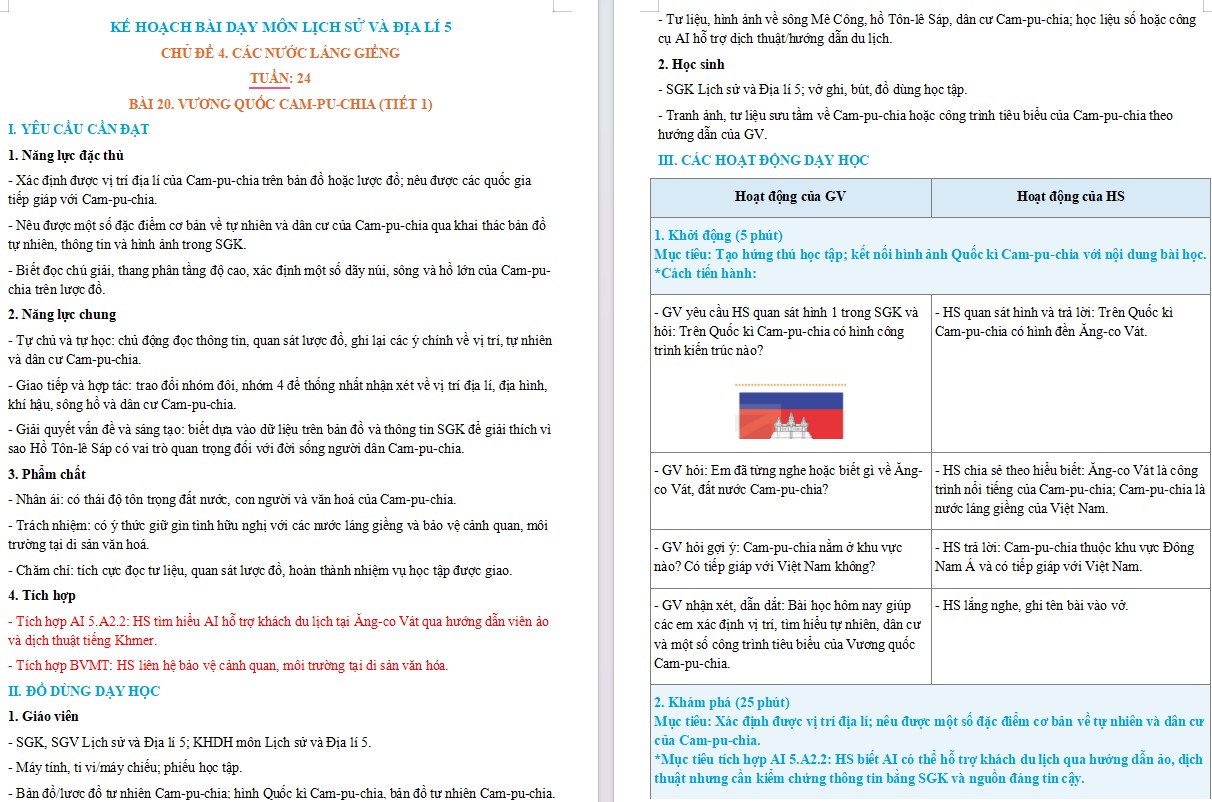 Kế hoạch bài dạy Lịch sử Địa lí 5 Bài 20 NLS, AI