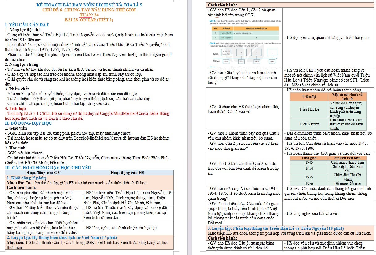 Kế hoạch bài dạy Lịch sử Địa lí 5 Bài 28 NLS, AI