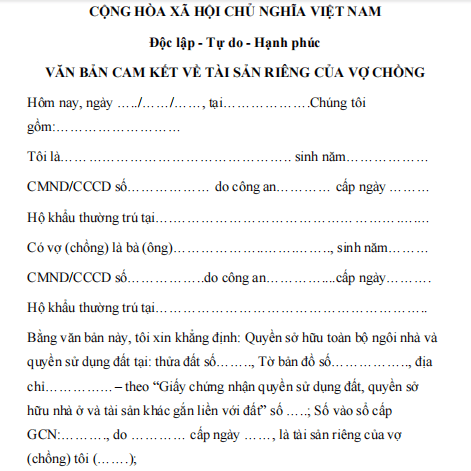 Mẫu cam kết tài sản riêng của vợ chồng