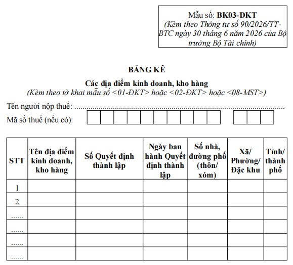 Mẫu BK03-ĐK-TCT: Bảng kê địa điểm kinh doanh 