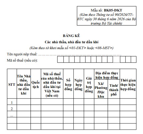 Mẫu BK05-ĐK-TCT: Bảng kê các nhà thầu, nhà đầu tư dầu khí 