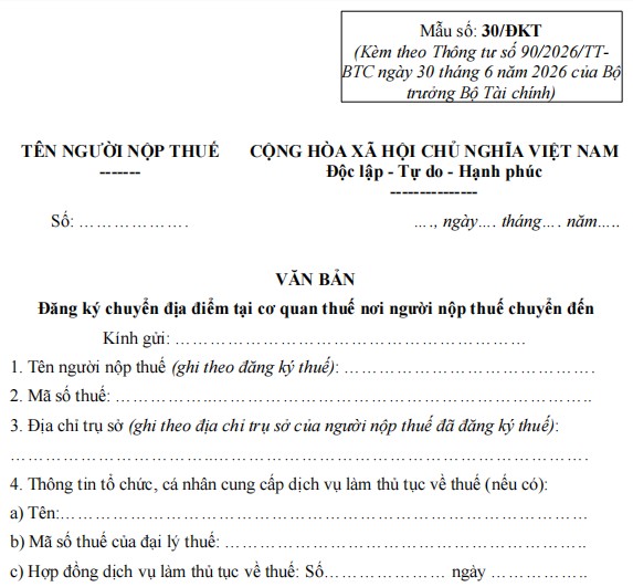 Mẫu 30/ĐK-TCT: Văn bản đăng ký chuyển địa điểm tại cơ quan thuế nơi người nộp thuế chuyển đến