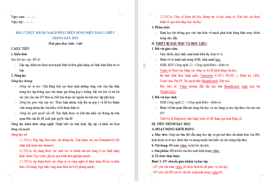 Giáo án Năng lực số Công nghệ Điện Điện tử 12 Bài 17