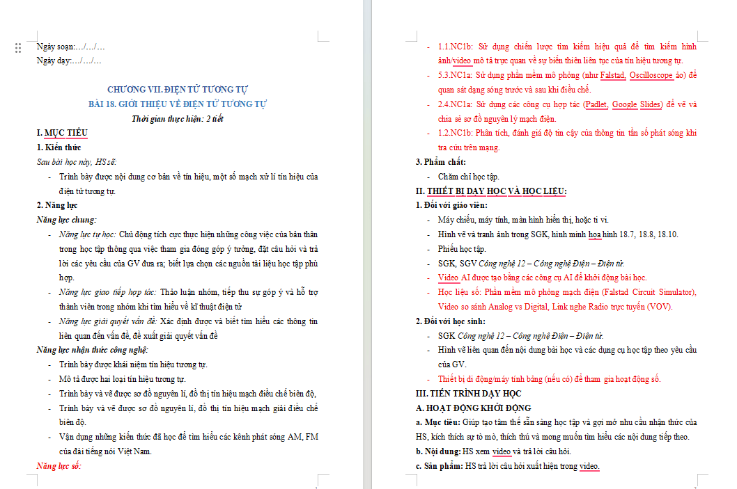 Giáo án Năng lực số Công nghệ Điện Điện tử 12 Bài 18