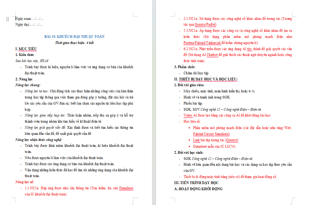 Giáo án Năng lực số Công nghệ Điện Điện tử 12 Bài 19