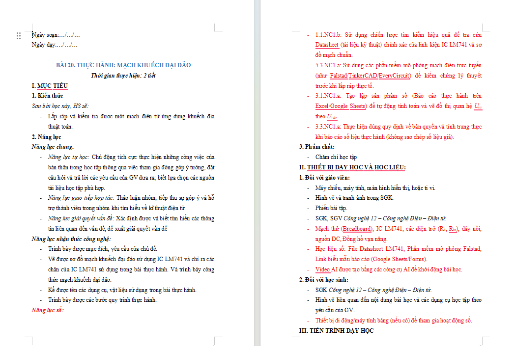 Giáo án Năng lực số Công nghệ Điện Điện tử 12 Bài 20