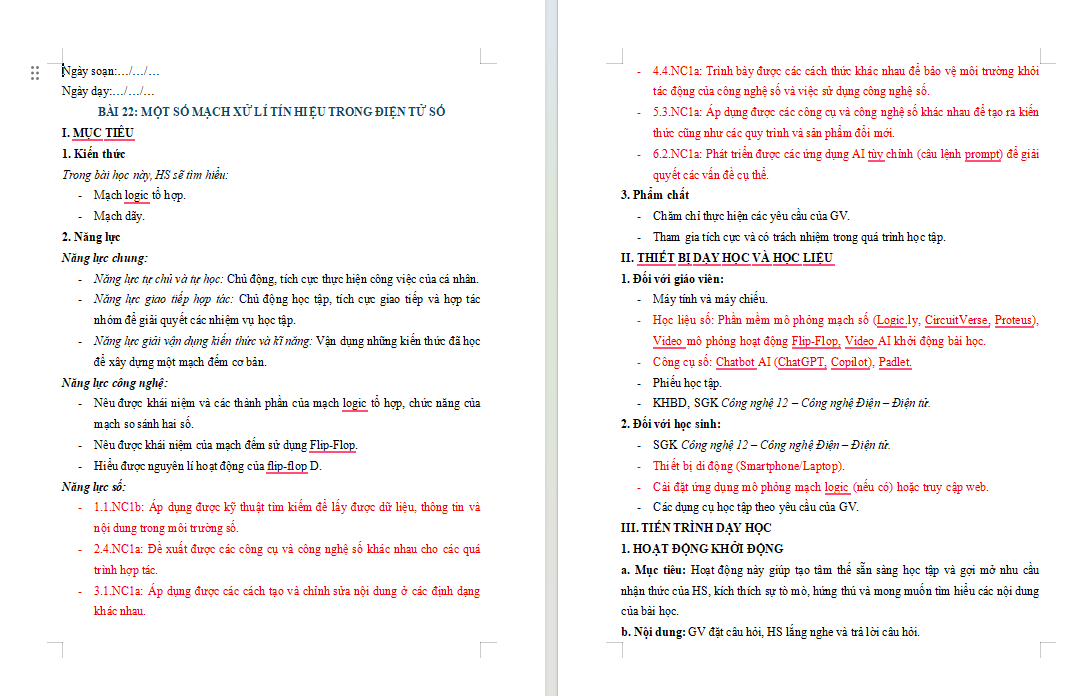 Giáo án Năng lực số Công nghệ Điện Điện tử 12 Bài 22