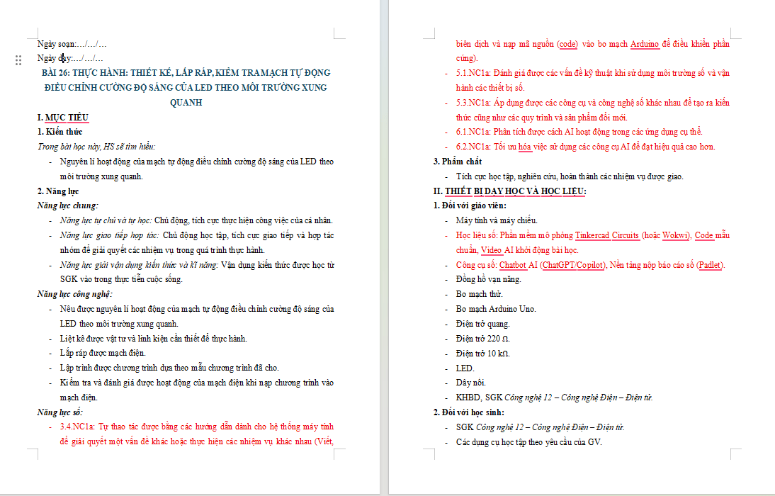 Giáo án Năng lực số Công nghệ Điện Điện tử 12 Bài 26