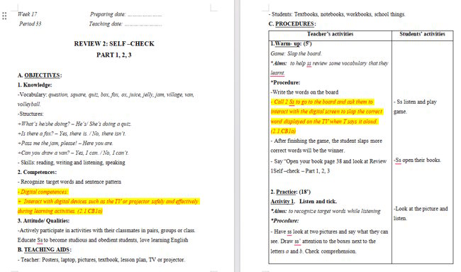 Giáo án tích hợp NLS Tiếng Anh 2 Review 2: Self-check