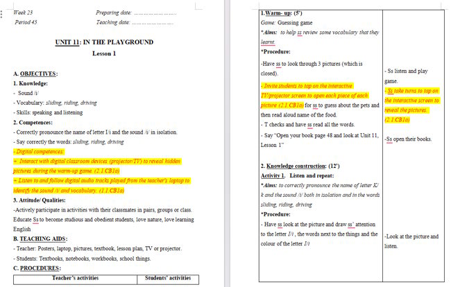 Giáo án tích hợp NLS Tiếng Anh 2 Unit 11: Lesson 1