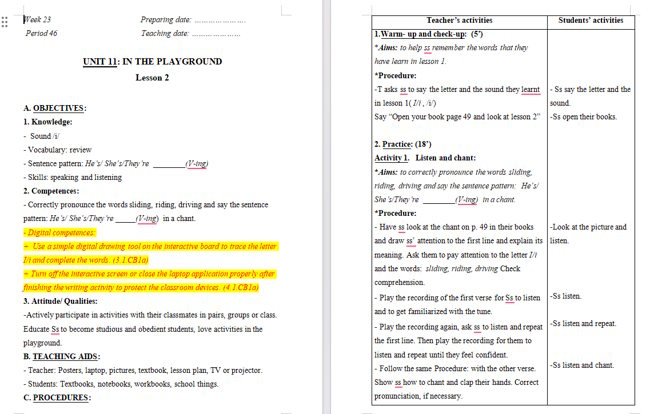 Giáo án tích hợp NLS Tiếng Anh 2 Unit 11: Lesson 2